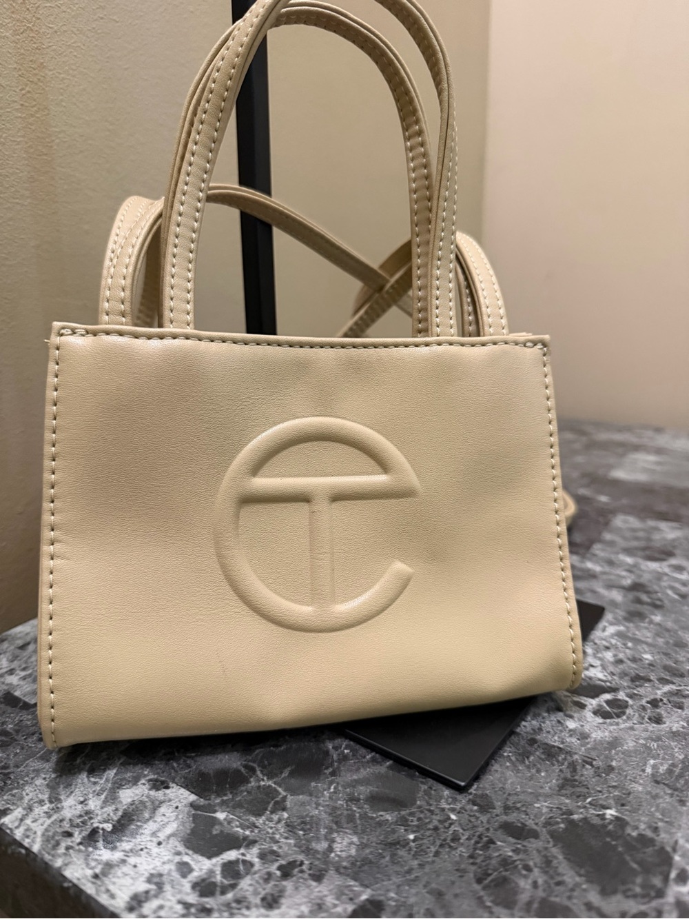 Telfar Small Cream Crossbody Tote with Embossed Logo - Picture 2 of 6